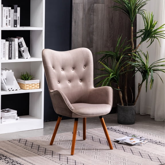 Velvet Chair, Chocolate Brown - Button Back, Stable Legs Silky Chair In Deep Solid Wood Legs, Comfortable Foam