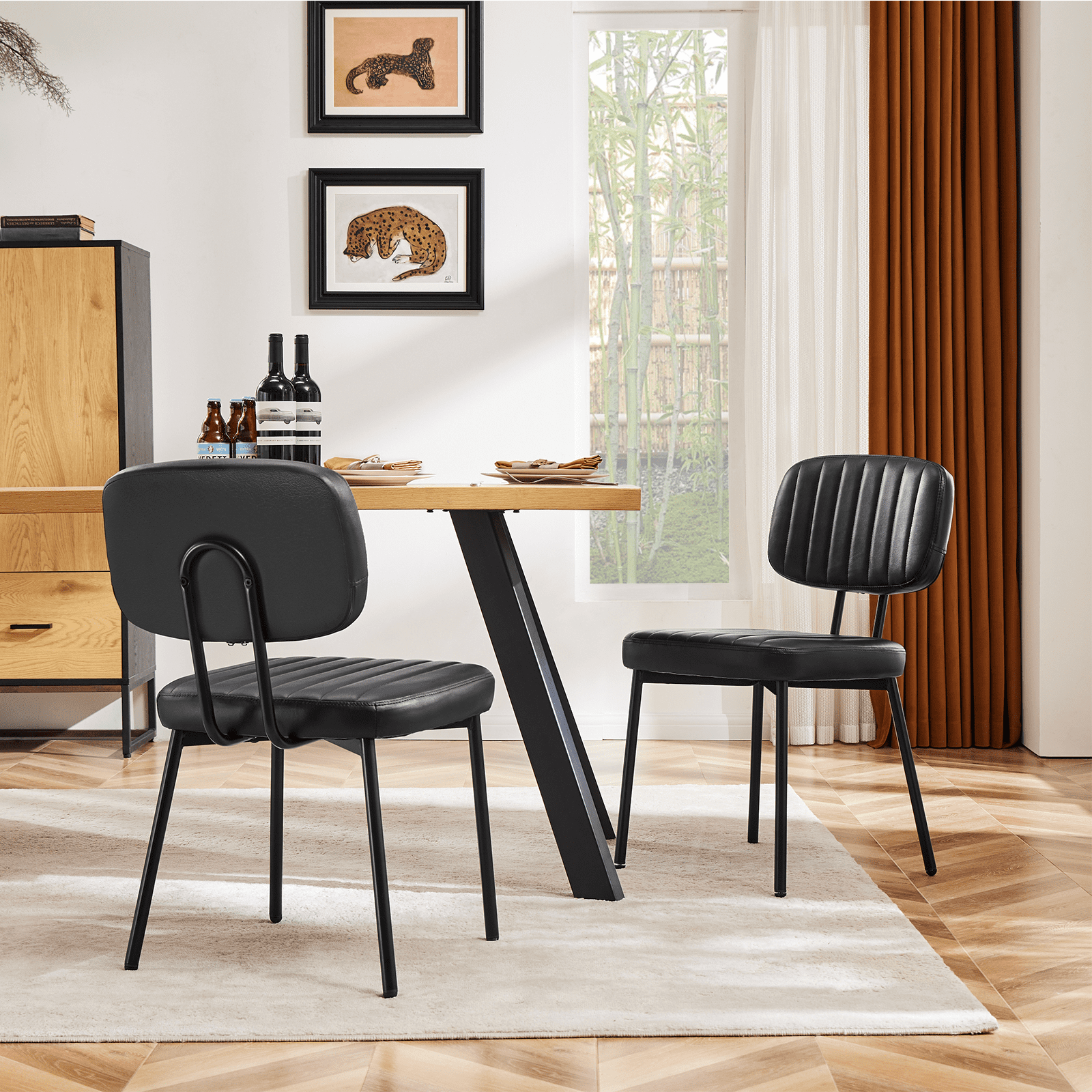 MAYEERTY Dining Chair Set of 2, Upholstered Mid Century Modern Dining Room Accent Chairs with Faux Leather Cushion Seat, Black