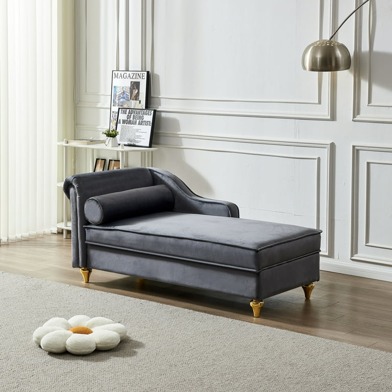Velvet Chaise Deck Chair with Storage Bedroom Lounge Chair with Pillow and Gold Metal Legs Modern Upholstered Sofa Recliner Reading Chair for Living