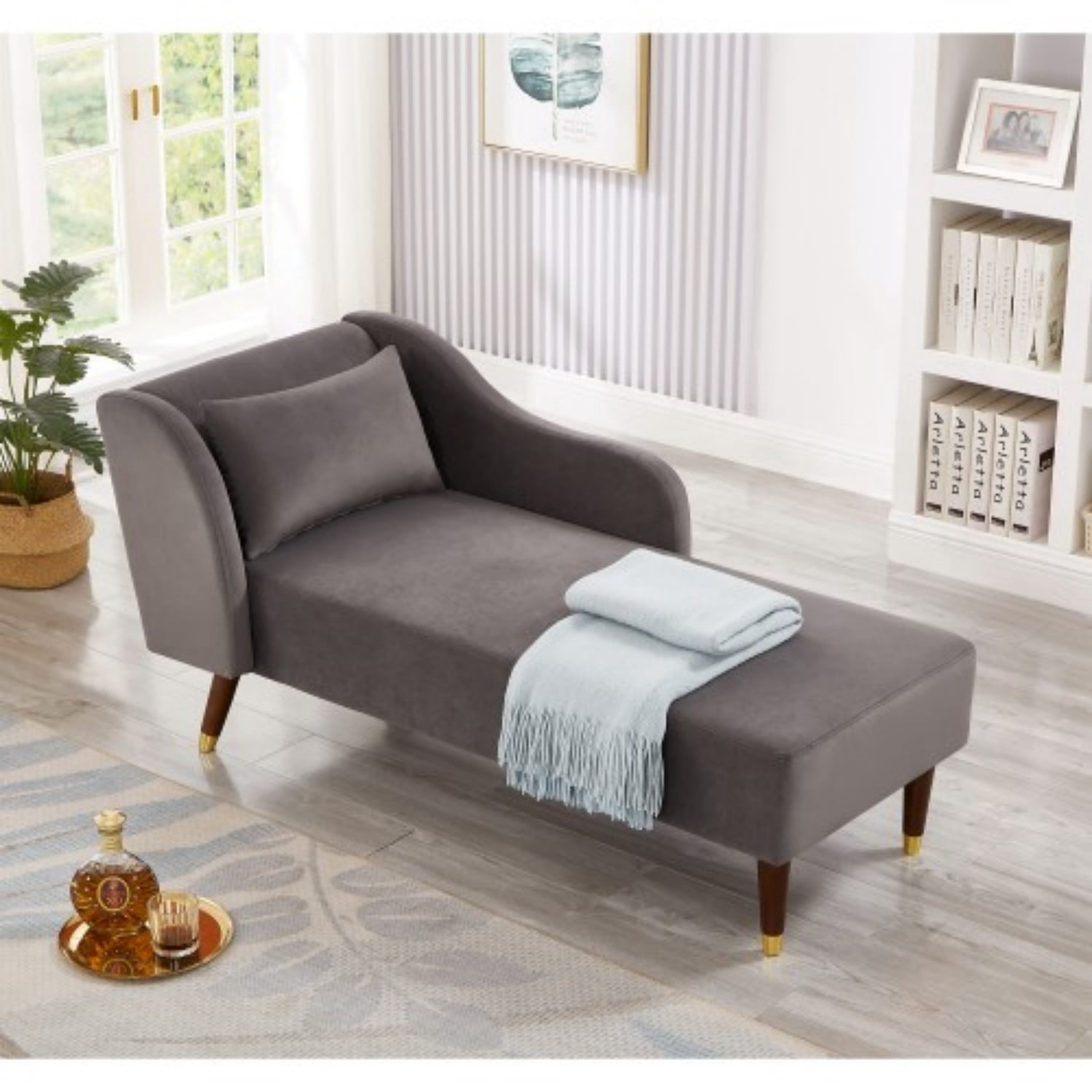 Velvet Chaise Lounge Chair, Modern Upholstered Accent Sofa with Curved Armrests, Solid Wood Legs & Pillow, Luxury Lounge Chair for Living Room, Bedroom, Reading Nook, Grey