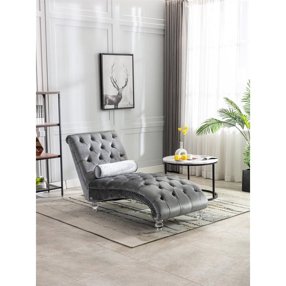 Tufted Velvet Chaise Lounge, Leisure Upholstered Sofa Couch with Acrylic Feet and Lumbar Pillow, Modern Upholstered Couch with Tufted Button for Living Room, Bedroom and Reading Room, Silver