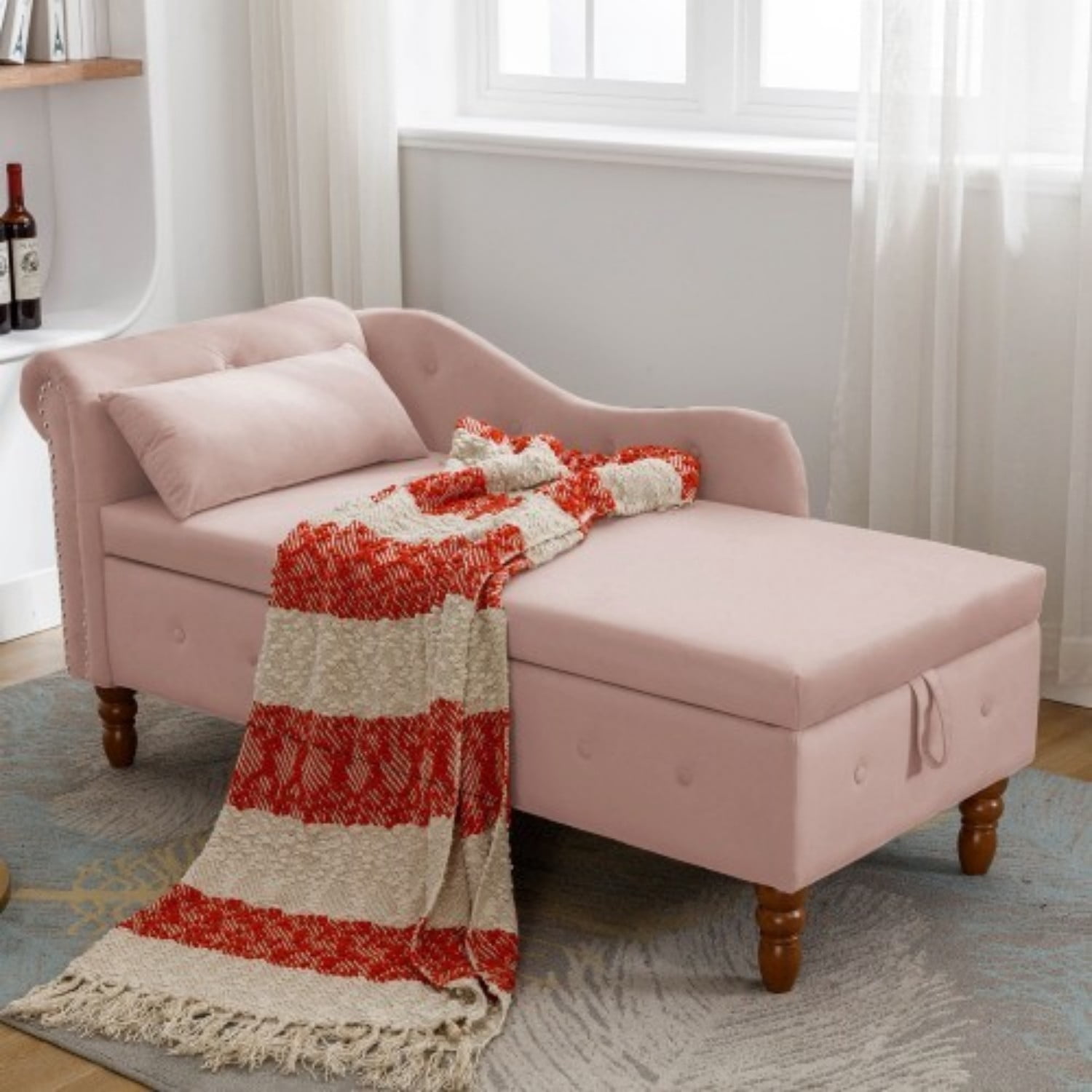 Velvet Chaise Lounge Chair with Storage, Upholstered Chesterfield Lounge Chair with Rolled Arm, Tufted Back, Pillow & Hidden Storage for Living Room, Bedroom & Office, Pink