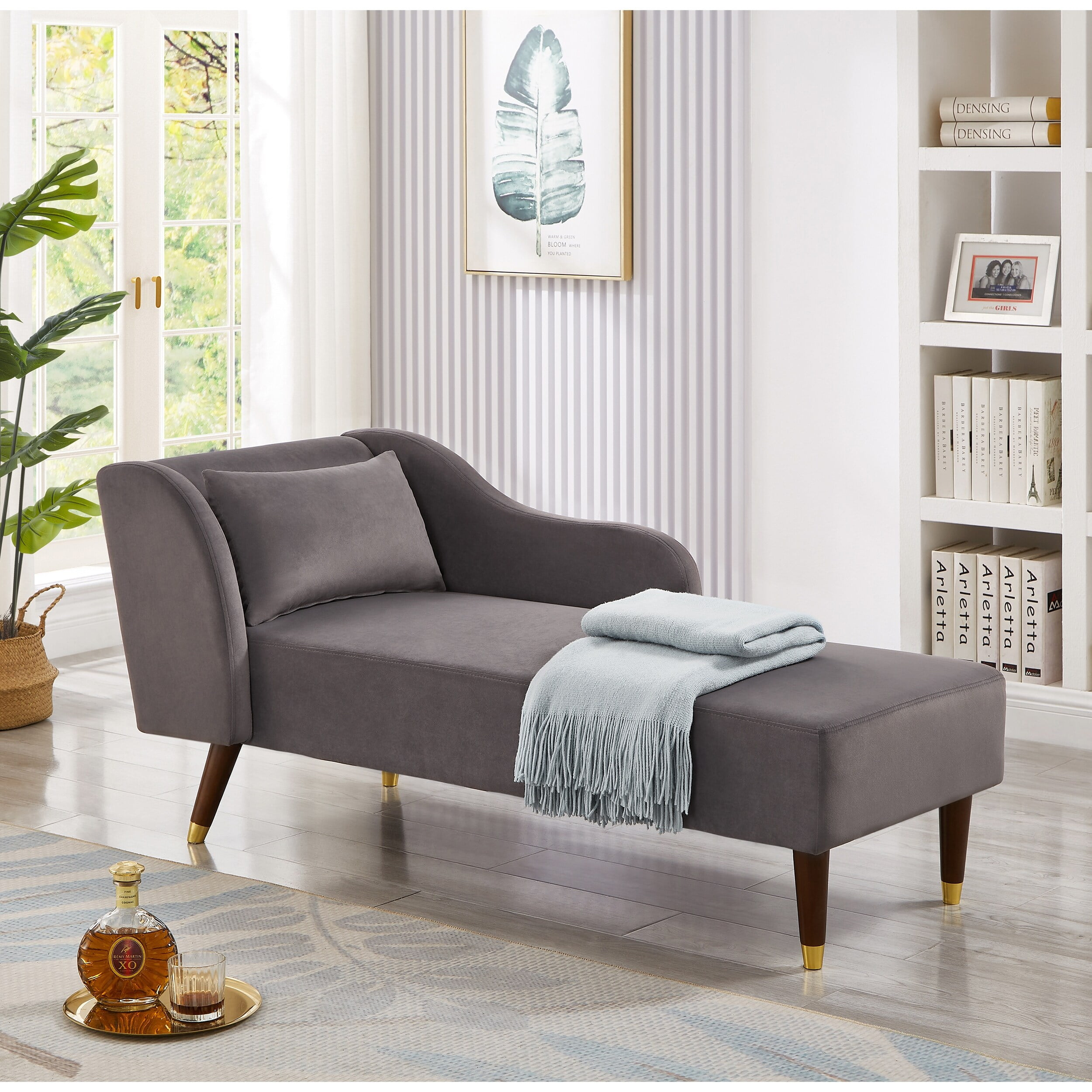 Luxurious Gray Velvet Chaise Lounge with Gold Accents