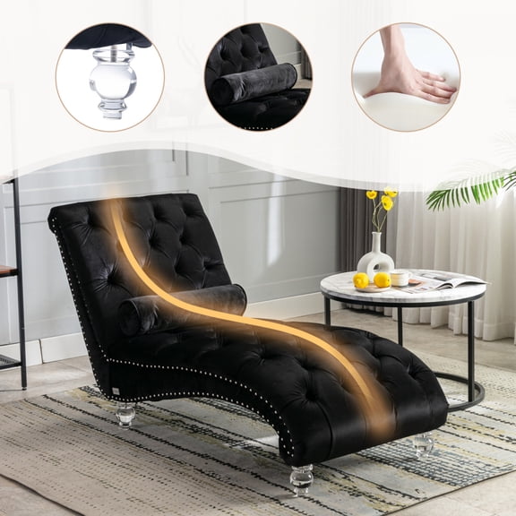 Velvet Chaise Lounge Indoor, Button-Tufted Upholstered Chaise Lounge Chair with Pillow for Bedroom, Living Room & Office,Black
