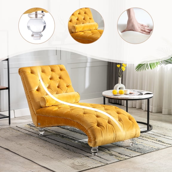 Velvet Chaise Lounge Indoor,Button-Tufted Upholstered Chaise Lounge Chair with Pillow for Bedroom Living Room Office (Mustard Velvet)