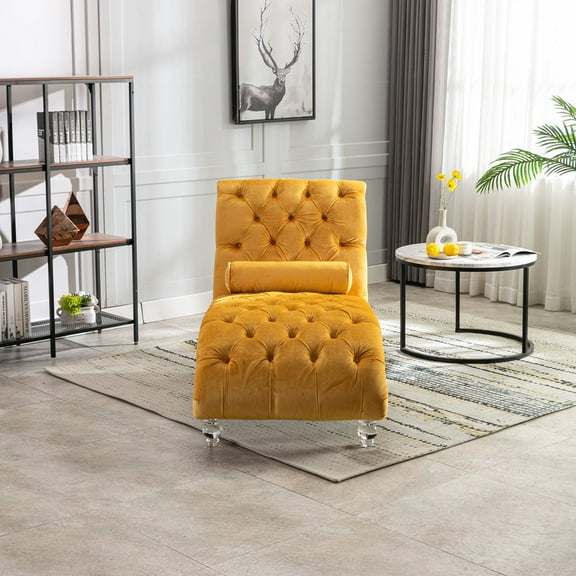 Velvet Chaise Lounge Indoor,Button-Tufted Upholstered Chaise Lounge Chair with Pillow for Bedroom Living Room Office (Mustard Velvet)