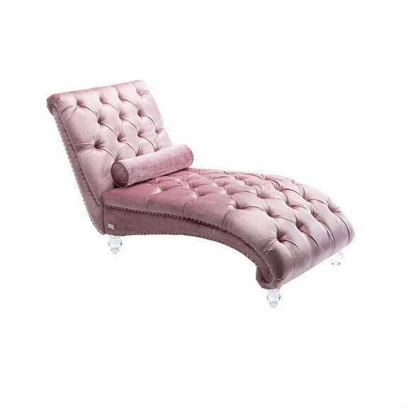 Velvet Chaise Lounge Indoor,Button-Tufted Upholstered Chaise Lounge Chair with Pillow for Bedroom Living Room Office (Pink Velvet)