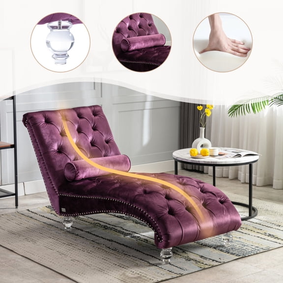 Velvet Chaise Lounge Indoor, Button-Tufted Upholstered Chaise Lounge Chair with Pillow for Bedroom, Living Room & Office,Purple
