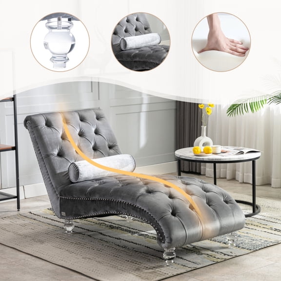 Velvet Chaise Lounge Indoor, Button-Tufted Upholstered Chaise Lounge Chair with Pillow for Bedroom, Living Room & Office,Silver