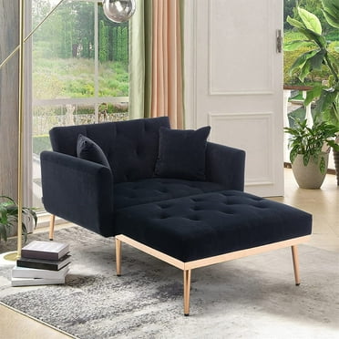 Velvet Chaise Lounge Indoor Chair, Modern Tufted Sofa Convertible Recliner with Adjustable Backrest and 2 Pillows for Living Room, Bedroom, Office (Black), 62.2 inch Convertible Chaise