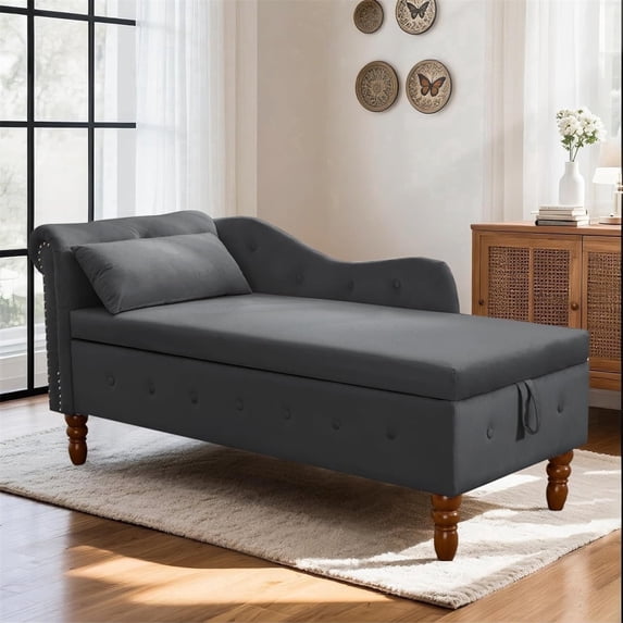 LEHZROAJ Velvet Chaise Lounge Indoor with Storage, Tufted Lounger Chair with Support Pillow, Long Sleeper Sofa for Bedroom, Living Room, Black