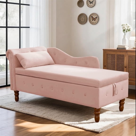 LEHZROAJ Velvet Chaise Lounge Indoor with Storage, Tufted Lounger Chair with Support Pillow, Long Sleeper Sofa for Bedroom, Living Room, Pink