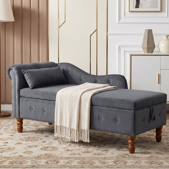 LEHZROAJ Velvet Chaise Lounge Indoor with Storage, Tufted Lounger Chair with Support Pillow, Long Sleeper Sofa for Bedroom, Living Room, Black