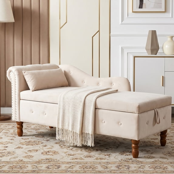 LEHZROAJ Velvet Chaise Lounge Indoor with Storage, Tufted Lounger Chair with Support Pillow, Long Sleeper Sofa for Bedroom, Living Room, Beige