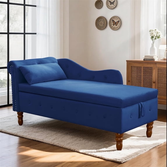 LEHZROAJ Velvet Chaise Lounge Indoor with Storage, Tufted Lounger Chair with Support Pillow, Long Sleeper Sofa for Bedroom, Living Room, Blue