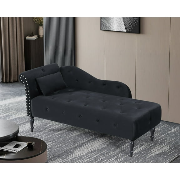 Velvet Chaise Lounge with Tufted Buttons & Nailhead Trim, Solid Wood Legs, Spinal Support Design, 1 Neck Pillow – Black Left Arm for Modern Living Rooms