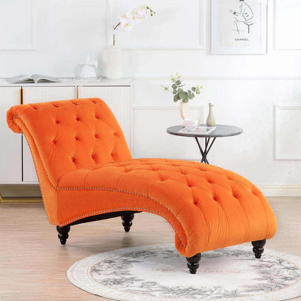 Velvet Chaise Lounge Upholstered Tufted Chaise Lounge Chair with Nailhead Trim Solid Wood Legs Leisure Sofa Recliner with Armless Rolled Backrest for Bedroom Living Room Office Sleeper Orange Walmart....