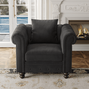Chesterfield Chair, Tufted Upholstered Armchair with Rolled Arms, Velvet Fabric, Black