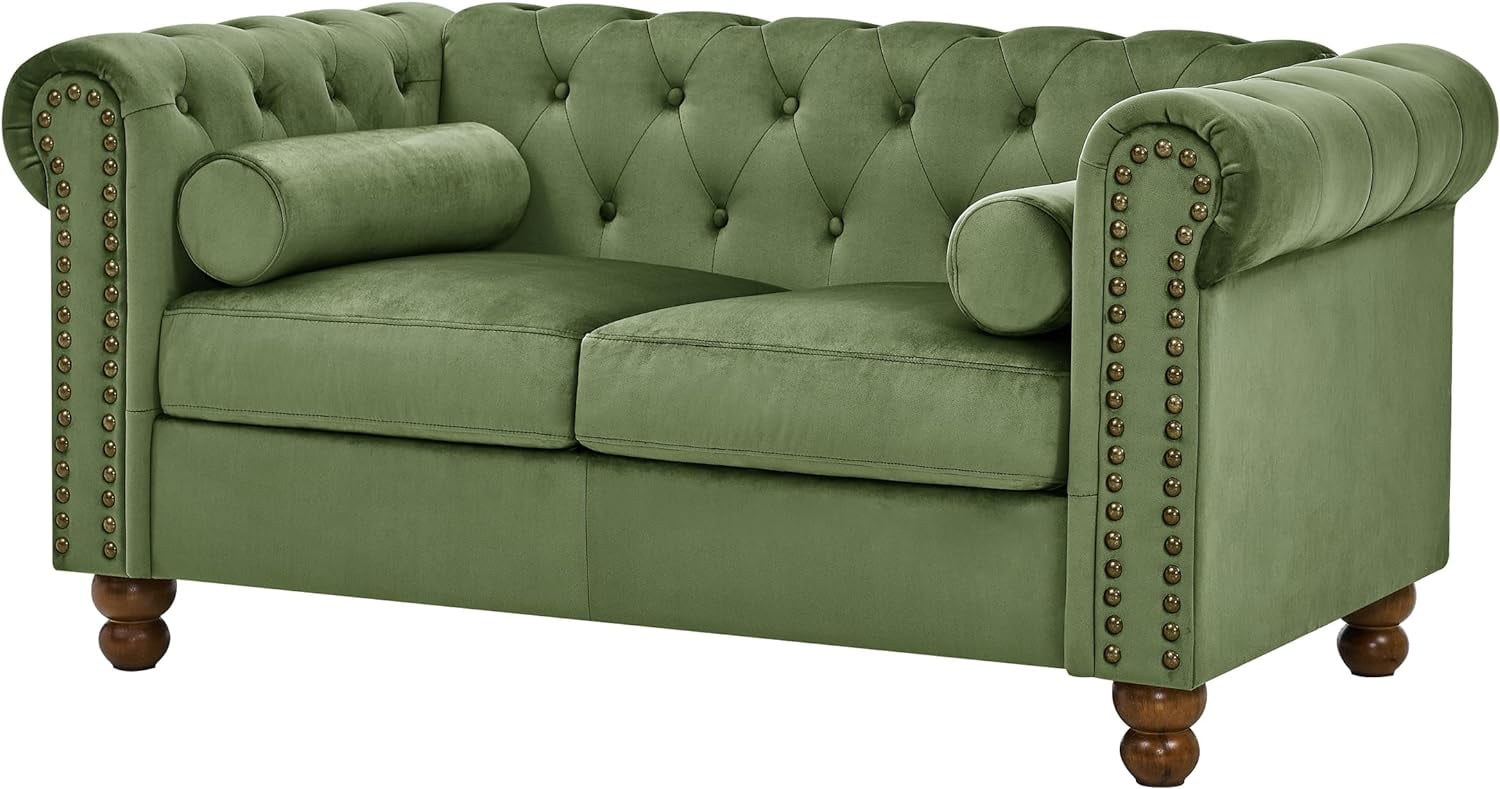 Velvet Chesterfield Loveseat, Tufted 2-Seater Sofa Couch with Nailhead Trim and Rolled Arms for Living Room Office Décor Green