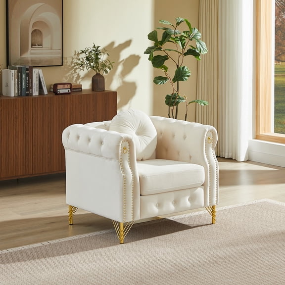 Velvet Chesterfield Sofa with Tufted Button Accents, Copper Stud Detailing and Metal Legs, Includes Round Pillows, Decorative Loop Design for Hanging Ornaments, Stylish Seating for Living RoomBeige