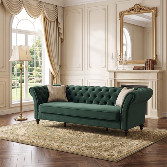 Velvet Chesterfield Sofa, Tufted Rolled Arms and Gold Accent Wood Legs, 3-Seater with 2 Pillows, Green