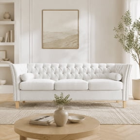 Chesterfield Sofa with Tufted Design, 3-Seater with Rolled Arms, Nailhead Detailing, and Neck Roll Pillows for Elegant Living Spaces