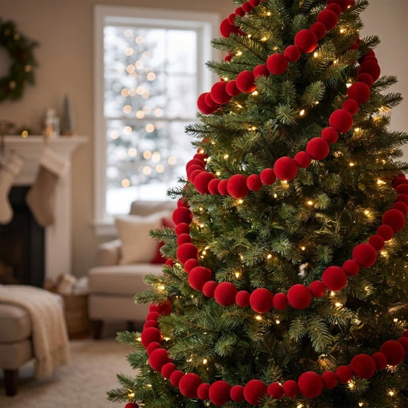 Velvet Christmas Ball Garland, 6ft Flocked Holiday Hanging Ornament String, Soft Tree Decoration Accent, Festive Ball Chain Decor, for Christmas Trees, Wreaths, Mantels, Windows, Parties