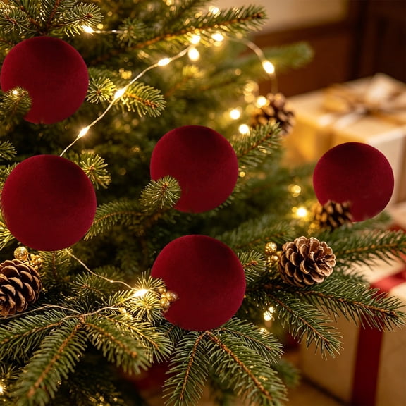 Velvet Christmas Ball Ornament Flocked Hanging Bauble for Holiday Tree & Mantel, in Burgundy, 6 inch