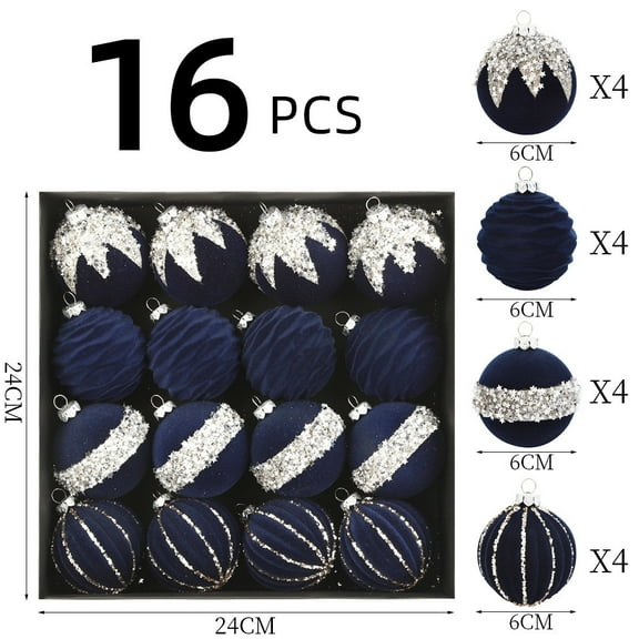 Velvet Christmas Ball Ornaments 16 Pcs Hanging Shatterproof Plastic Ball Decorations for Xmas Tree, Holiday, Party (Blue)