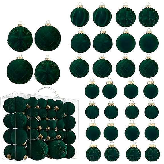 Velvet Christmas Ball Ornaments - 46pcs Flocked Christmas Tree Decorations Set Assorted Shatterproof Hanging Ornaments with Loop for Xmas Home Decor, 3 Sizes(Green)