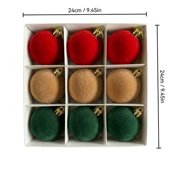 Velvet Christmas Ball Ornaments in Gift Box, Flocked Baubles for Tree, Mantel and Holiday Party Decor, Festive Set 9 Pack