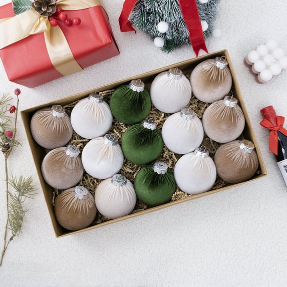 Velvet Christmas Balls,15PCS Xmas Flocked Ball Ornaments 3.15inch Brown and Green Velvet Ornaments for Christmas Tree Wreath Garland Table Centerpiece Festival Decor(Brown & Green)
