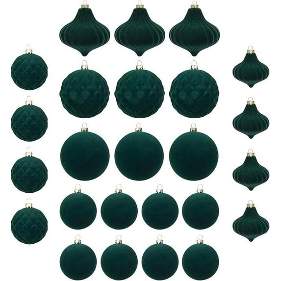 Velvet Christmas Balls Christmas Tree Ornaments, Green Flocked Christmas Ornaments, 28pcs Assortment for Xmas Tree Holiday Decor, Shatterproof Balls Decorative Hanging Ornaments