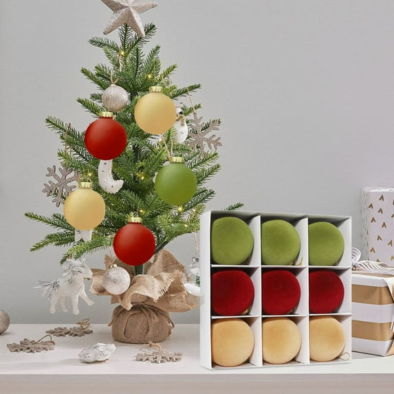 Velvet Christmas Balls Christmas Tree Ornaments Velvet Balls - Pack of 9pcs Shatterproof Xmas Bulbs Decorations Set - Multicolor Green Brown Neutral,3.15"
