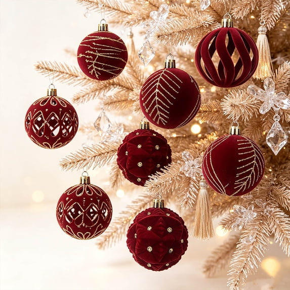Velvet Christmas Balls Tree Ornaments-16Pc,Shatterproof Christmas Bauble Vintage Ornaments Flocked Tree Hanging Decoration For Xmas Party Wedding Home Decor Thanksgiving Holiday