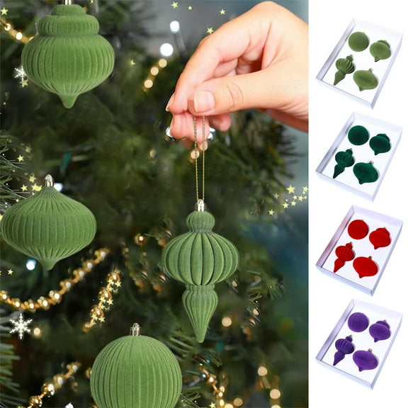 Velvet Christmas Balls Tree Ornaments Set - 4-Pack Shatterproof Hanging Flocking Christmas Baubles, Festive Hanging Decor Gift for Winter Home Office Party