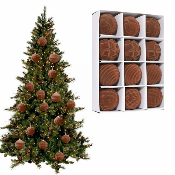 Velvet Christmas Balls,Velvet Ornaments for Christmas Tree,12pcs Flocked Christmas Tree Ornaments Assortment for Xmas Tree Holiday Decor(Coffee)