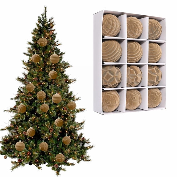 Velvet Christmas Balls,Velvet Ornaments for Christmas Tree,12pcs Flocked Christmas Tree Ornaments Assortment for Xmas Tree Holiday Decor(Khaki)