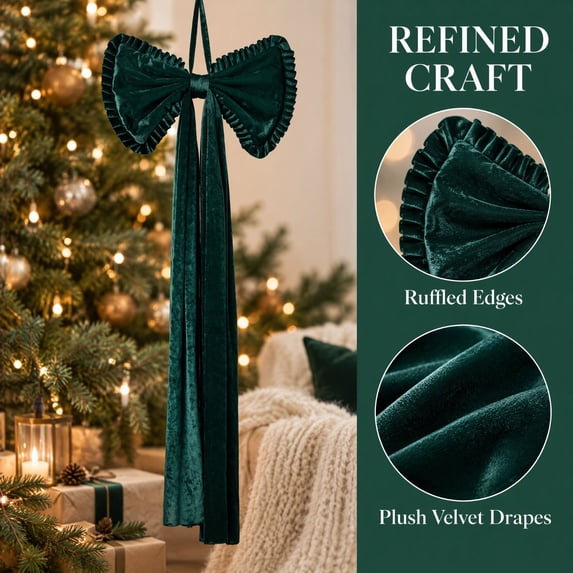 Velvet Christmas Bow,25.2 x 11.8 in Large Hanging Bow Decoration, Pleated Long-Tail Design with Hanging Loop, Holiday Bow for Christmas Tree Wreath Door and Mantel