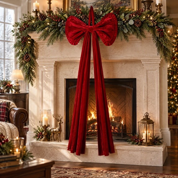 Velvet Christmas Bow, 44 x 19 in Large Tree Bow, Ruffled Edge with Long Tails and Hanging Loop, Decorative Bow for Christmas Tree Door Wreath and Staircase
