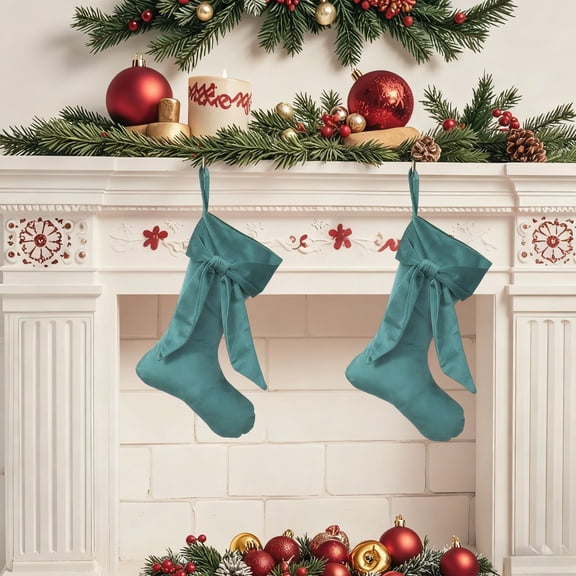 Velvet Christmas Bow Stocking Ornament – Hanging Holiday Sock for Tree Garland Mantle Decor Farmhouse Christmas Tree Pendant with Snowflake Detail Holiday Home Decoration