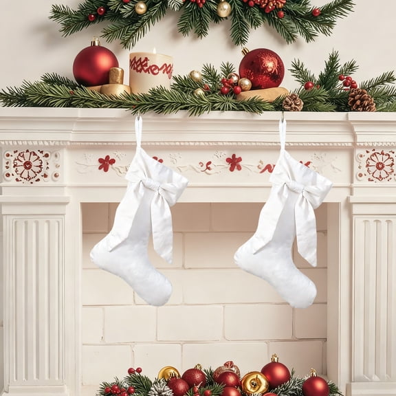 Velvet Christmas Bow Stocking Ornament – Hanging Holiday Sock for Tree Garland Mantle Decor Farmhouse Christmas Tree Pendant with Snowflake Detail Holiday Home Decoration