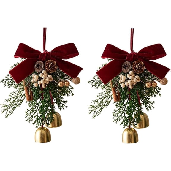 Velvet Christmas Bows with Bells 9.8 Inch Plush Decor - Mistletoe Pine Branch & Cone Ornaments for Xmas Tree Wreaths & Holiday Gifts, Front Door Hanging Decor