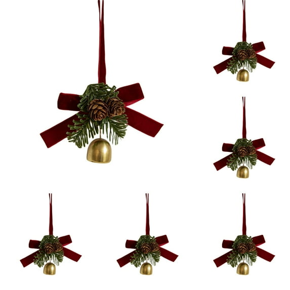 Velvet Christmas Bows with Bells and Pine Cones, Rustic Ironwork Mini Pendants Decorations for Xmas Tree Wreath Door, Red Bow with Jingle Bells Hanger for Christmas Home Wedding Indoor Festive Decor