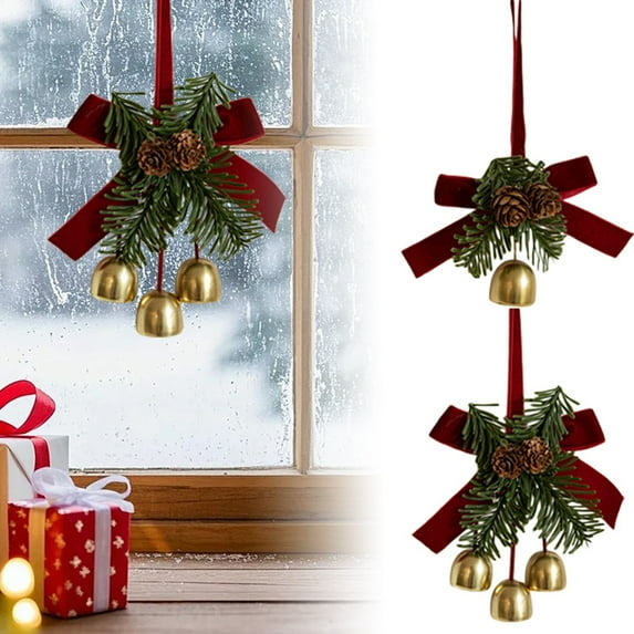 Velvet Christmas Bows with Bells and Pine Cones, Rustic Ironwork Mini Pendants Decorations for Xmas Tree Wreath Door, Red Bow with Jingle Bells Hanger for Christmas Home Wedding Indoor Festive Decor