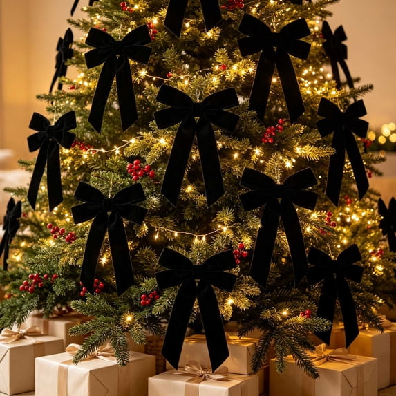 Velvet Christmas Bows Ornaments, 16 Pcs, 9 Colors, Elegant Long Tail Ribbon Bows with Hanging Loop for Tree, Wreath, Garland, Gift Wrap Holiday Decor