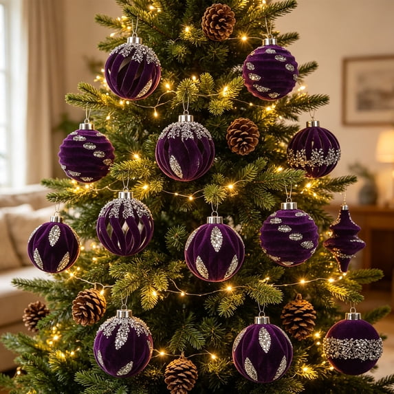 Velvet Christmas Ornament Set, Shiny Flocked Hanging Balls, Decorative Holiday Tree Accents, Seasonal Baubles for Christmas Trees, Wreaths, Fireplaces and Indoor Displays