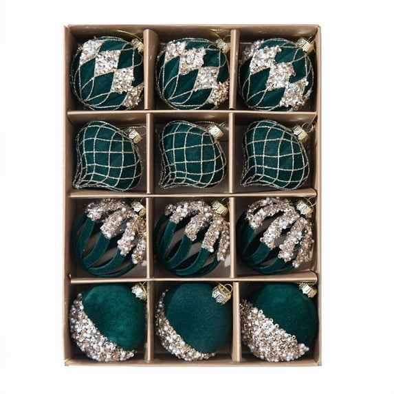 Velvet Christmas Ornaments - 12Pc 6cm Hand-Painteds Flocked Hollow-Out Christmas Ball Set with Rhinestones Assorted Shapes Tree Decor Christmas Decorations