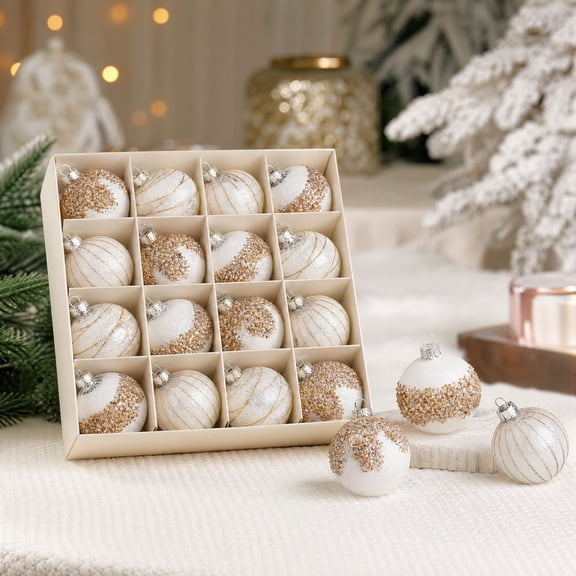 Velvet Christmas Ornaments, 16PC Champagne Gold White Christmas Ornaments, 2.4Inch Shatterproof Christmas Balls for Christmas Tree Mantel Wreath Decor