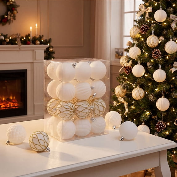 Velvet Christmas Ornaments 24 Piece Set, Flocked Christmas Ball Decorations for Holiday Tree Decor, Home Party Celebrations